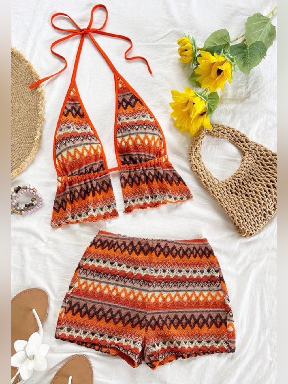 Orange Patterned Knit Two-Piece Short Set